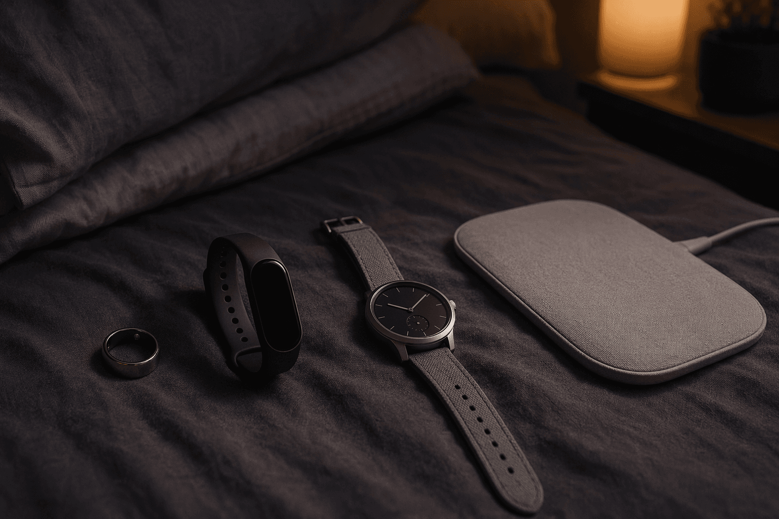 A smart ring, slim wristband, hybrid watch, and under-mattress sensor pad arranged on a dark bedsheet