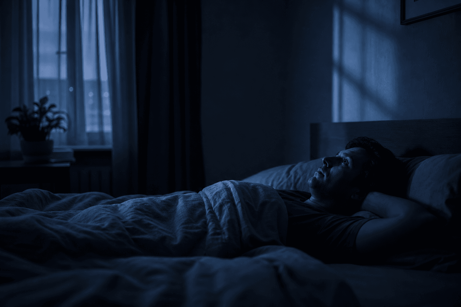 An adult lying awake in a darkened bedroom, eyes open, staring at the ceiling with soft blue-grey light filtering through the window.