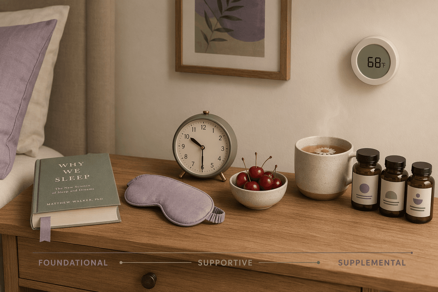 A wooden bedside table in soft natural light with a book, sleep mask, analog clock, bowl of cherries, mug of chamomile tea, and three amber supplement bottles, with a thermostat reading 68°F on the wall.