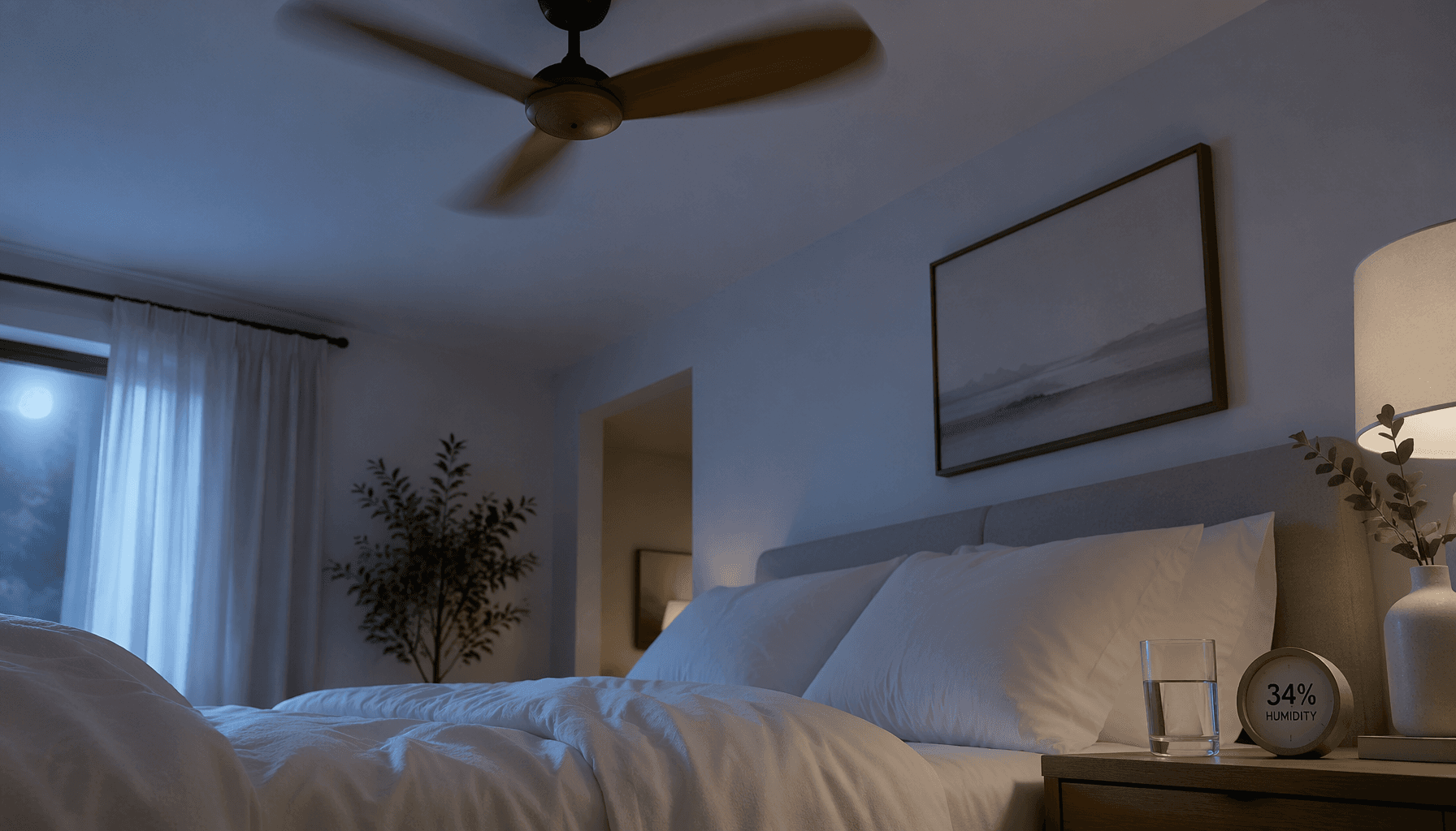 A low-angle editorial bedroom scene at night with a ceiling fan blurred in motion at the top, a neatly made bed with white linens below, a glass of water and a small humidity gauge on a wooden nightstand, all in cool-toned muted lighting that suggests a calm yet dry atmosphere.