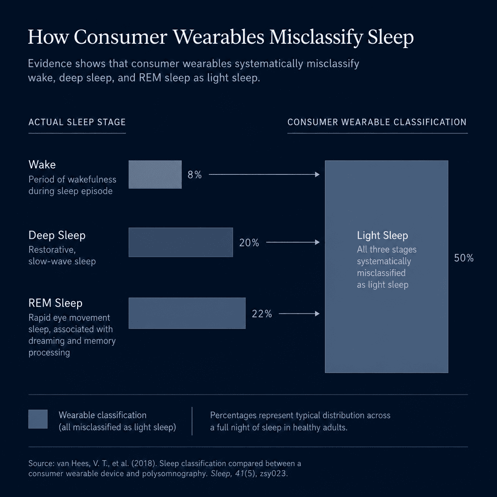 A minimal bar chart showing arrows from Wake, Deep Sleep, and REM bars pointing into a larger Light Sleep bar, illustrating how wearables systematically misclassify other sleep stages as light sleep.