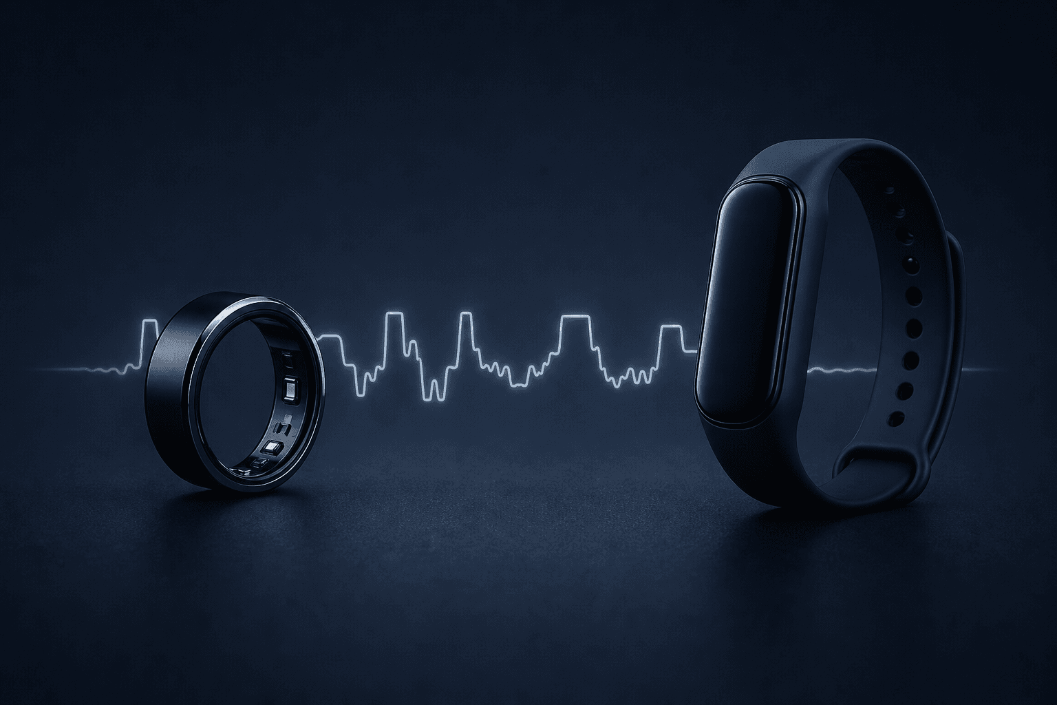 A slim black smart ring and a dark fitness wristband resting on a matte surface with a faint hypnogram waveform arc connecting them against a dark navy background.