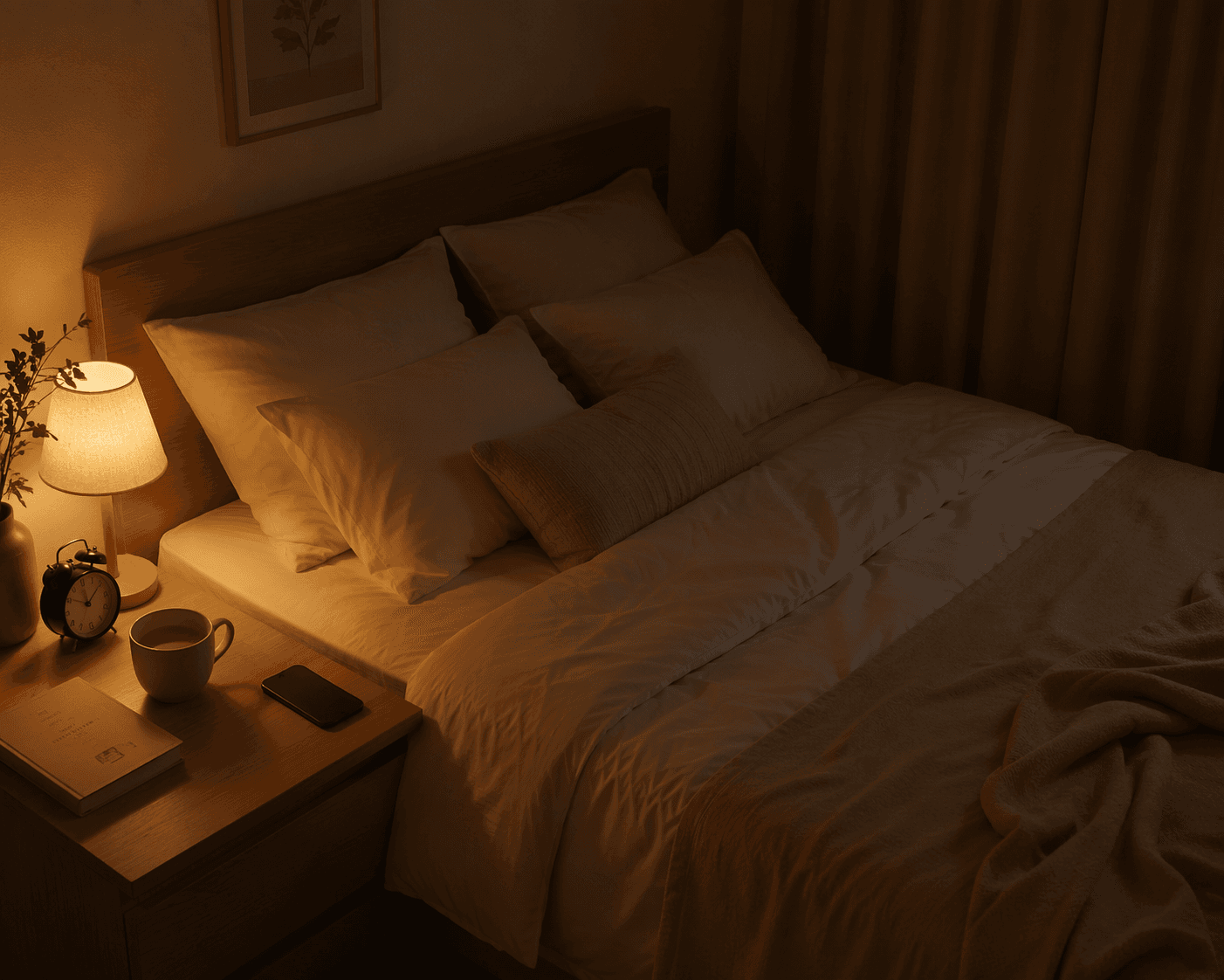 A high-angle nocturnal bedroom scene with a single amber bedside lamp illuminating a neatly made bed in cream and beige cotton bedding, an analog clock and book on a wooden nightstand, drawn curtains, and a face-down smartphone out of reach.