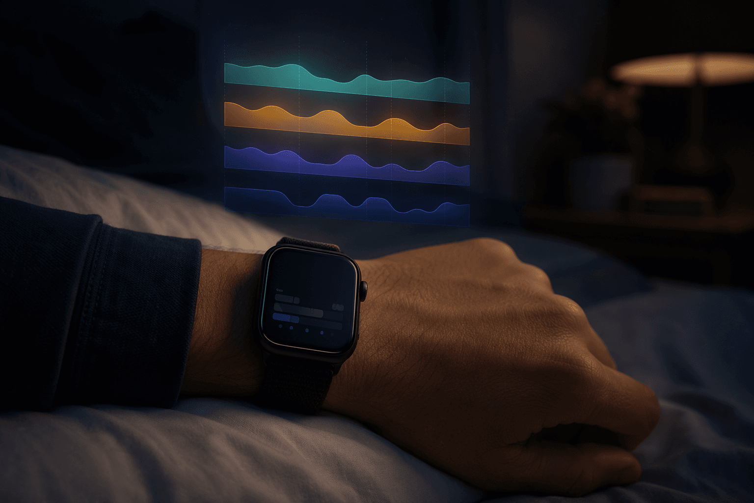 A person's wrist with an Apple Watch in Sleep Focus mode rests on a pillow in a dimly lit bedroom, with translucent teal, amber, indigo, and navy blue sleep stage bands floating above the watch against a midnight blue background.