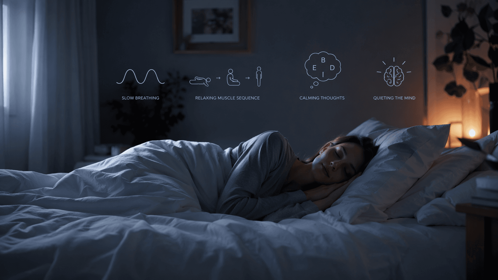 A person sleeping peacefully in a dark, cool-toned bedroom with floating translucent icons representing breathing, muscle relaxation, and cognitive shuffling.