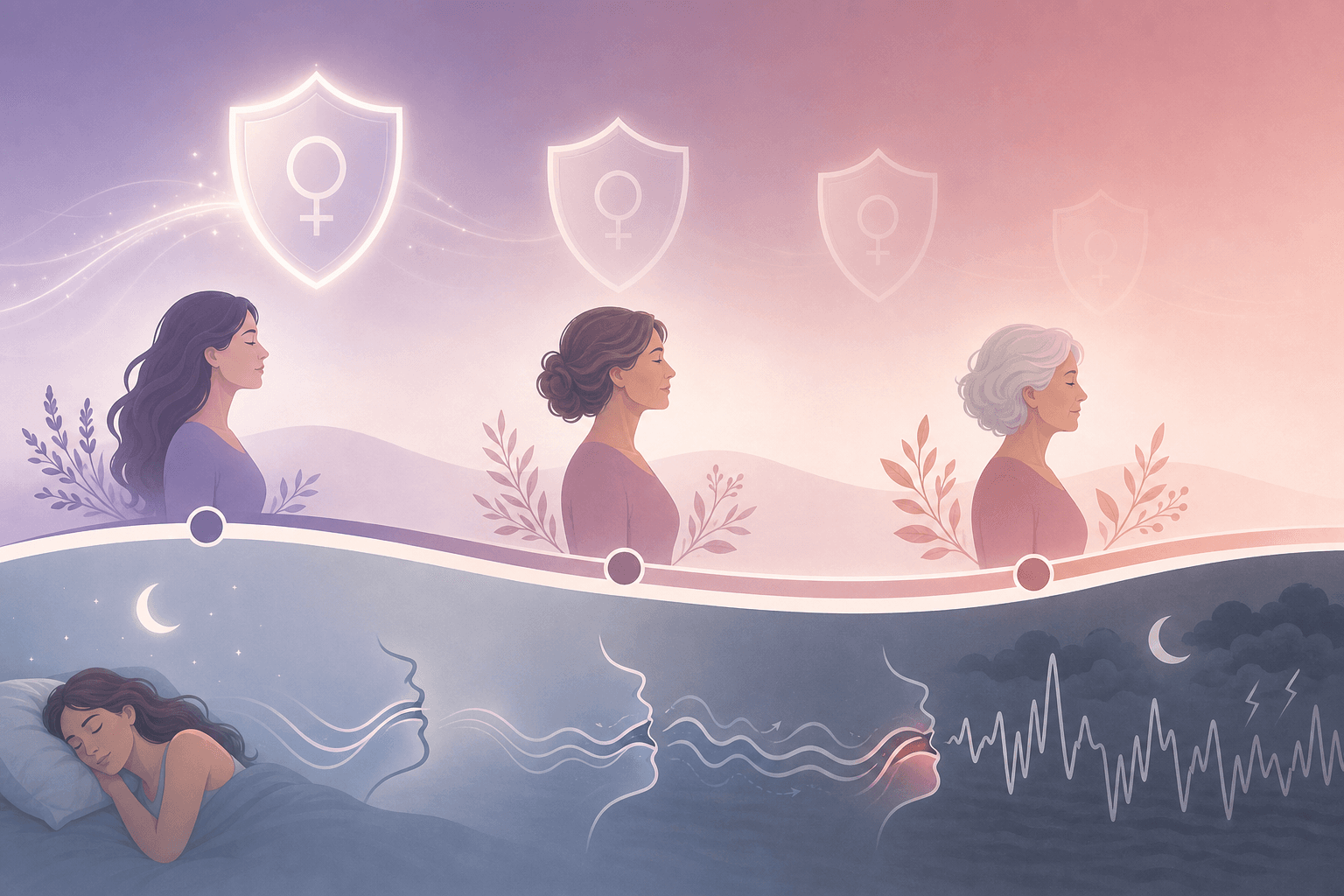 An editorial illustration showing the female hormonal lifespan as a flowing timeline through premenopause, perimenopause, and postmenopause, with a fading shield symbol representing declining hormonal airway protection.