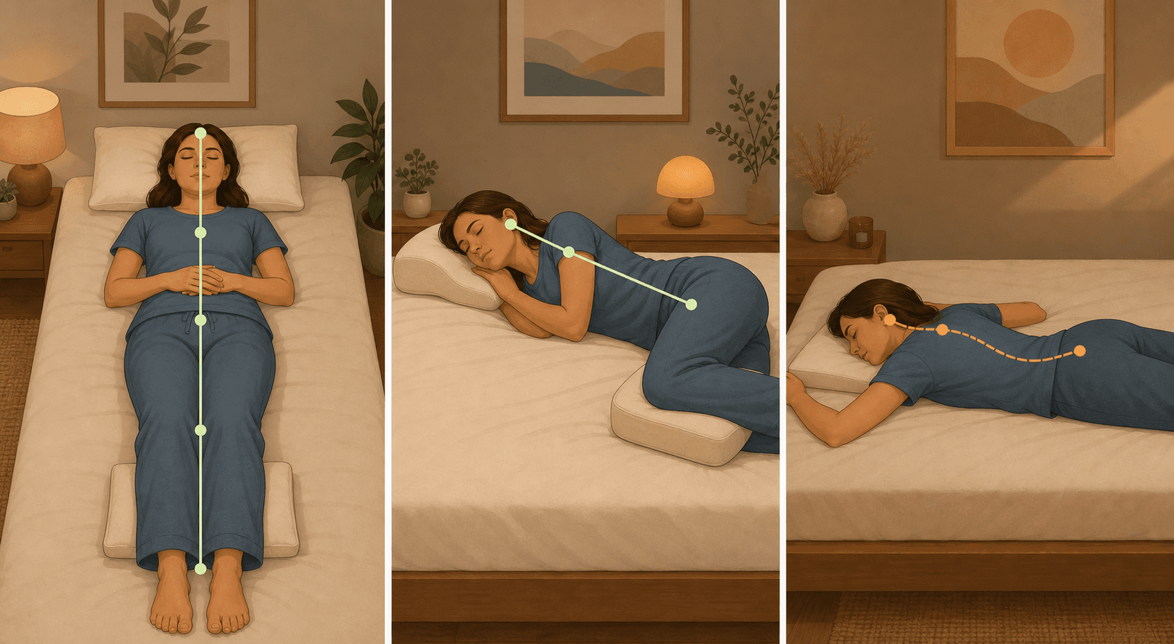 Three-panel comparison of sleep positions: back sleeping with knee support and vertical alignment, side sleeping with contoured pillow and knee pillow showing horizontal ear-to-hip alignment, and stomach sleeping with visible lower back arch and turned neck.
