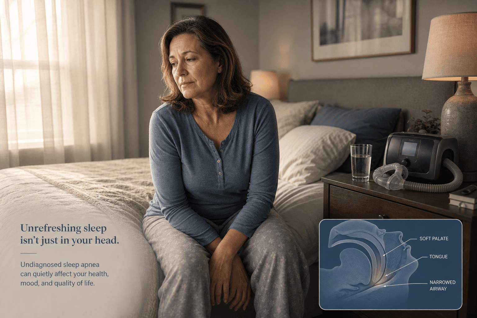 A woman in her mid-40s sits on the edge of a bed in early morning light, looking fatigued and reflective, with a CPAP device visible on the nightstand behind her.