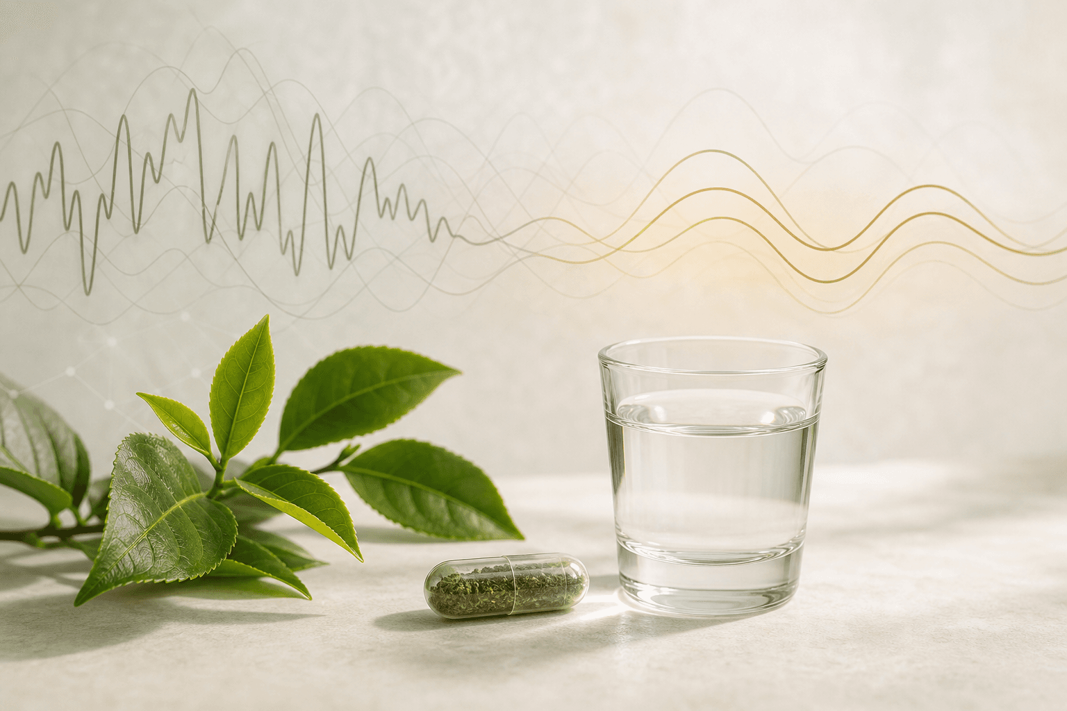 A transparent capsule and green tea sprig on a minimal surface with soft alpha-wave curves in the background, evoking calm relaxation rather than sedation.