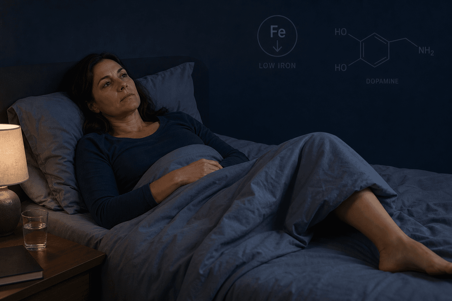 A woman in her mid-40s lies awake in a dimly lit bedroom at night, one leg slightly raised against cool blue-grey sheets, conveying a quiet restless urge to move.