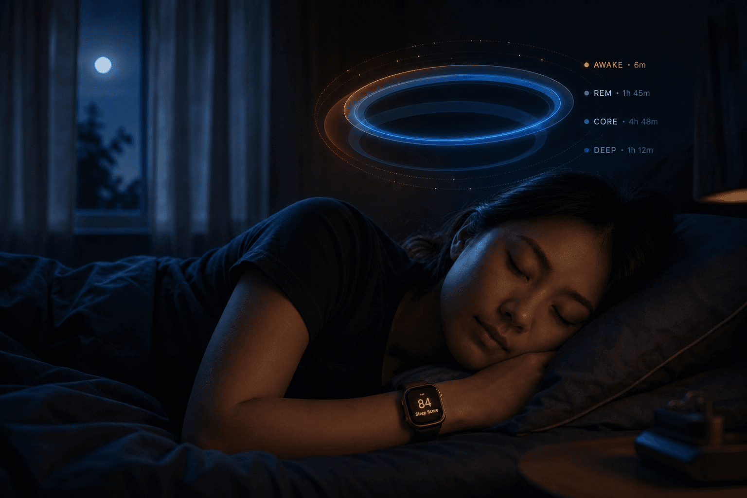 A person sleeping on their side in dark navy blue bedding with an Apple Watch on their wrist glowing warm amber, surrounded by translucent dreamlike rings in indigo, blue, and amber floating above the sleeper suggesting sleep data visualization, soft moonlight filtering through curtains in a calm nighttime bedroom.