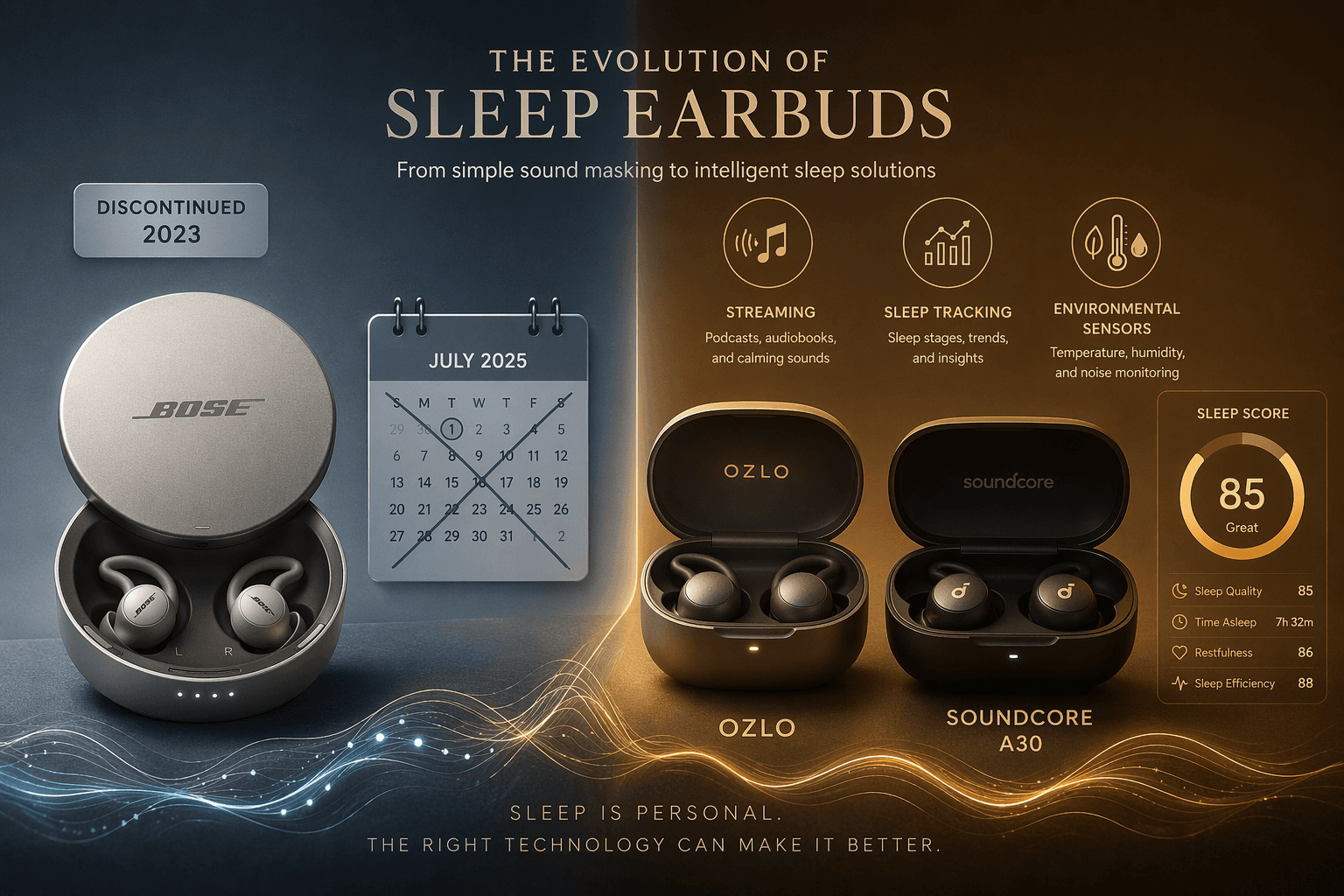Split-composition editorial illustration showing Bose Sleepbuds II case on cool-toned left side transitioning to warm-toned right side featuring Ozlo and Soundcore A30 cases with floating icons for streaming, sleep tracking graphs, and environmental sensors.