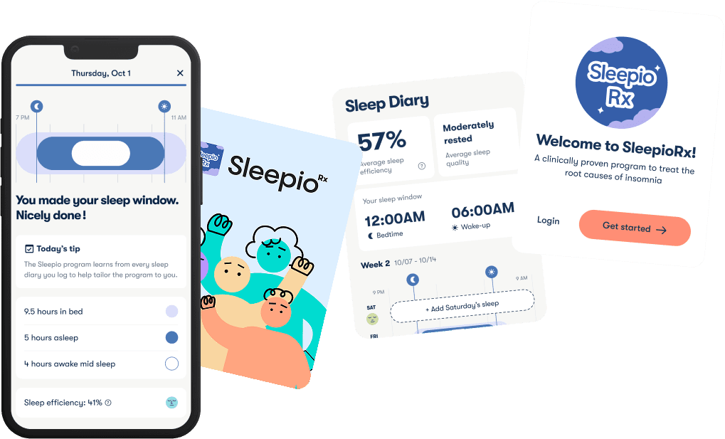 A smartphone screen showing the Sleepio digital CBT-I app interface with a sleep tracking dashboard and weekly sleep graph.
