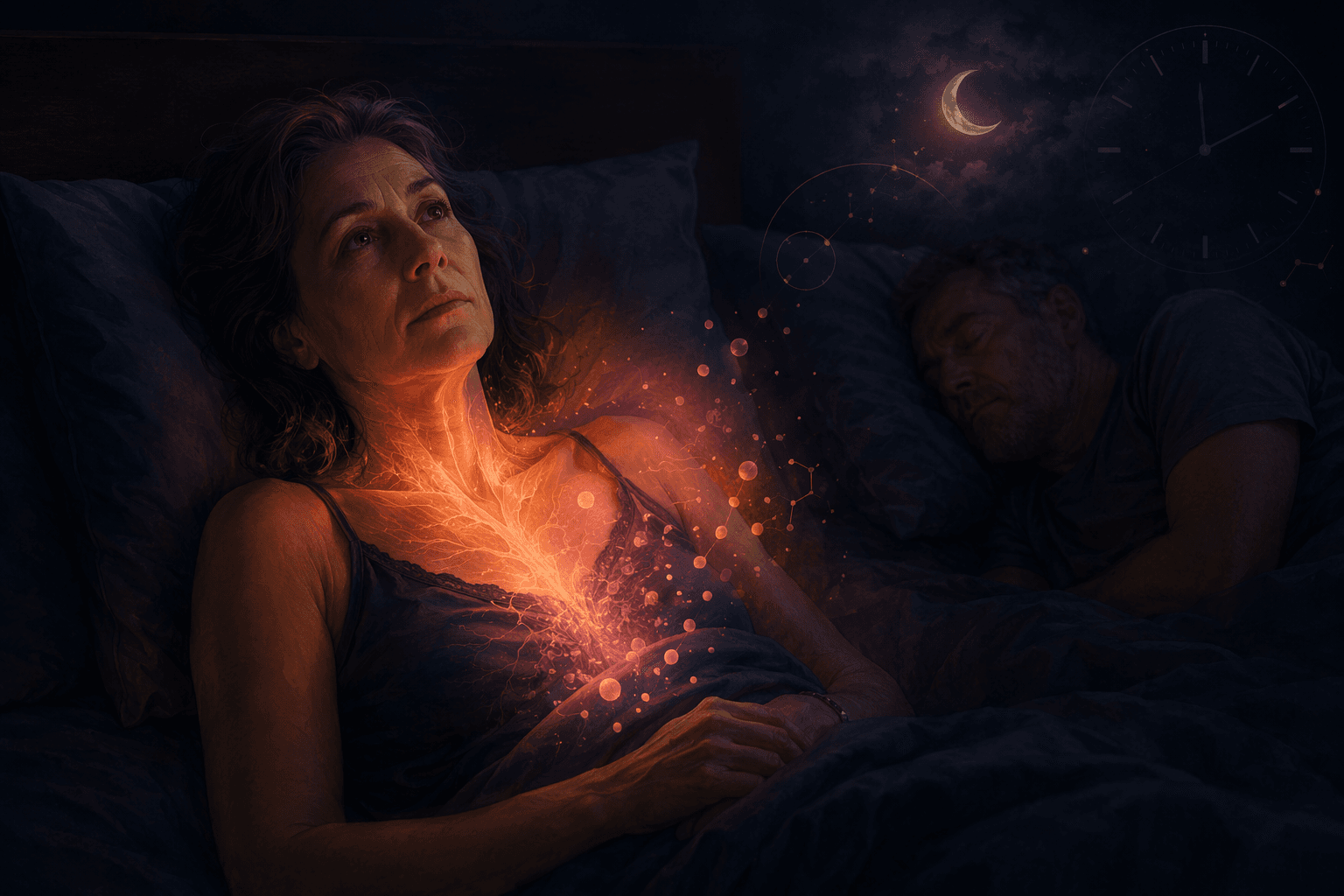 A midlife woman lies awake in a dark navy bedroom at night, propped on pillows, with her partner sleeping beside her. A warm amber-peach glow emanates from her chest and neck area suggesting night sweats, with soft amber particles around her midsection representing hormonal fluctuation and a faint crescent moon and clock motif in the upper corner.
