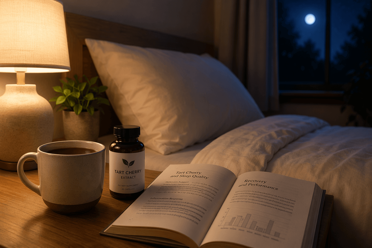 A serene bedroom night scene with soft warm lamplight on a wooden nightstand holding a mug of tart cherry juice, a small glass supplement bottle with a leaf icon, and an open book.