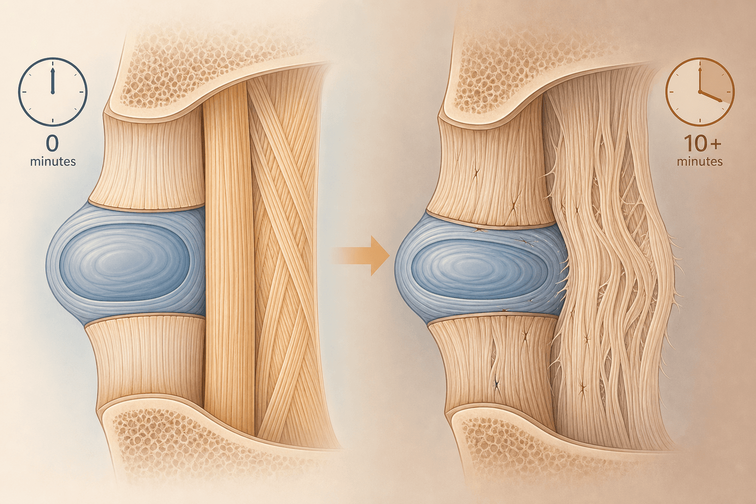 Abstract cross-section illustration showing healthy organized collagen fibers at rest on the left and stretched, disorganized fibers showing micro-damage on the right, with a 10-minute clock indicator.