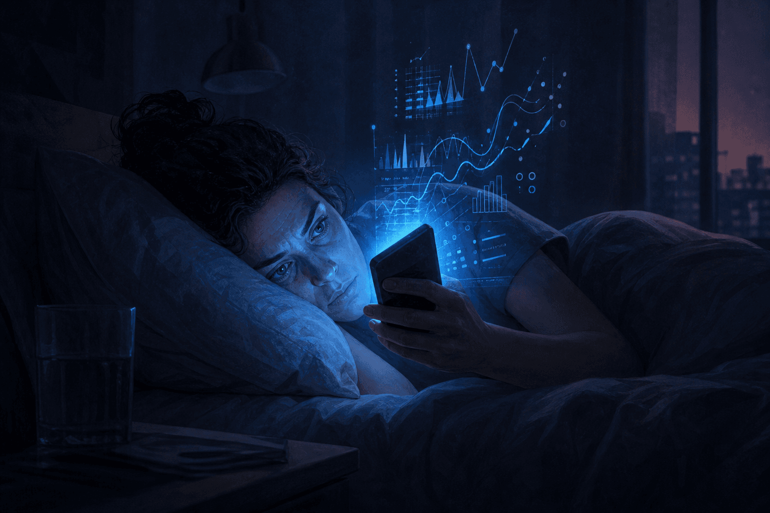 Editorial illustration of a person lying in bed at night unable to sleep, staring anxiously at a smartphone displaying sleep score graphs and data dashboards. Small floating charts hover near the screen. The bedroom atmosphere is tense with cool dark blue and sharp neon blue lighting.
