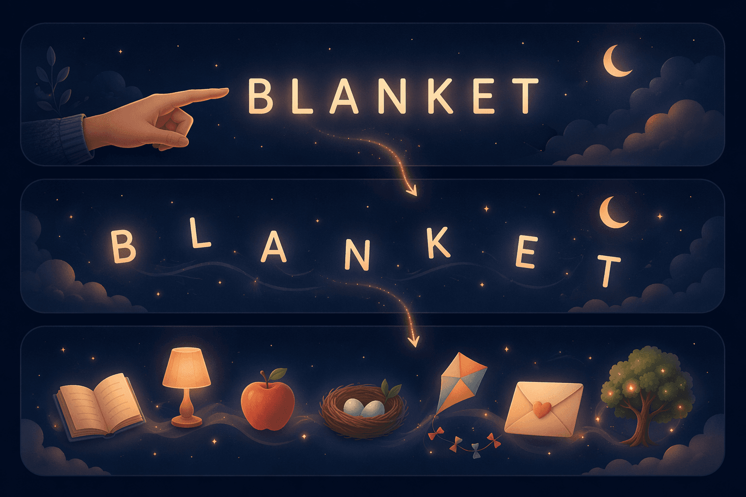 A three-step visual sequence showing the cognitive shuffling technique. Step 1 shows the word 'BLANKET' in soft typography. Step 2 shows the letters B-L-A-N-K-E-T separating into individual floating letters. Step 3 shows each letter transforming into a simple colored object: book, lamp, apple, nest, kite, envelope, and tree.