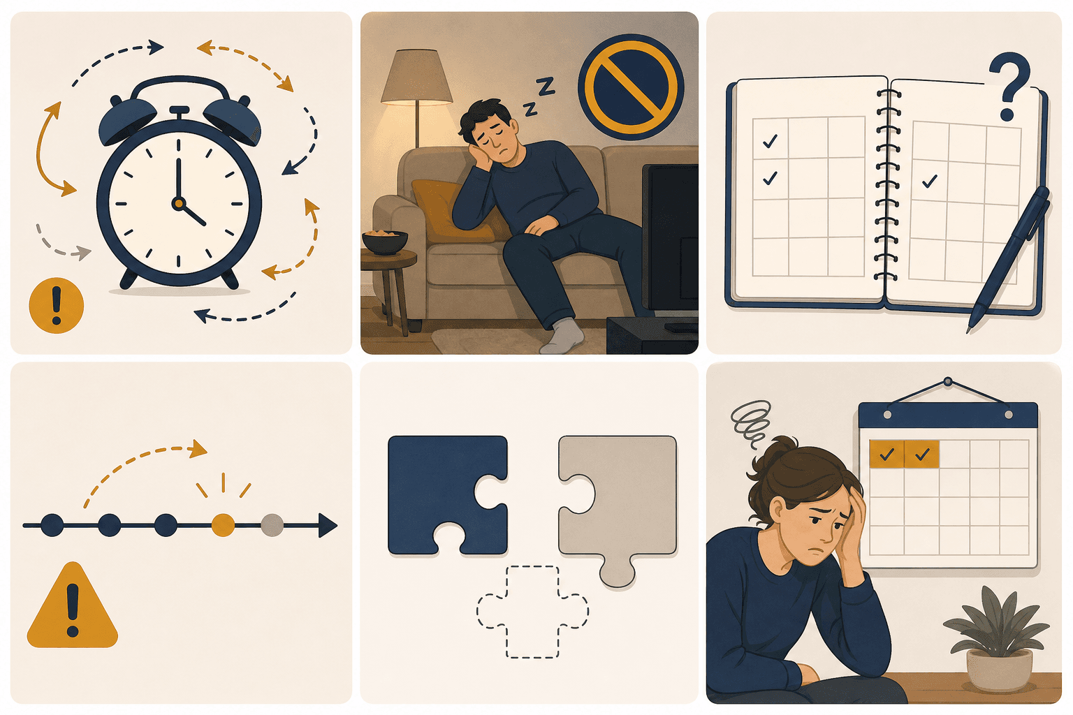 Six icon panels illustrating common SRT implementation errors: irregular alarm clock, person dozing on sofa, incomplete sleep diary, premature timeline arrow, incomplete puzzle, and person frustrated at a two-week calendar.