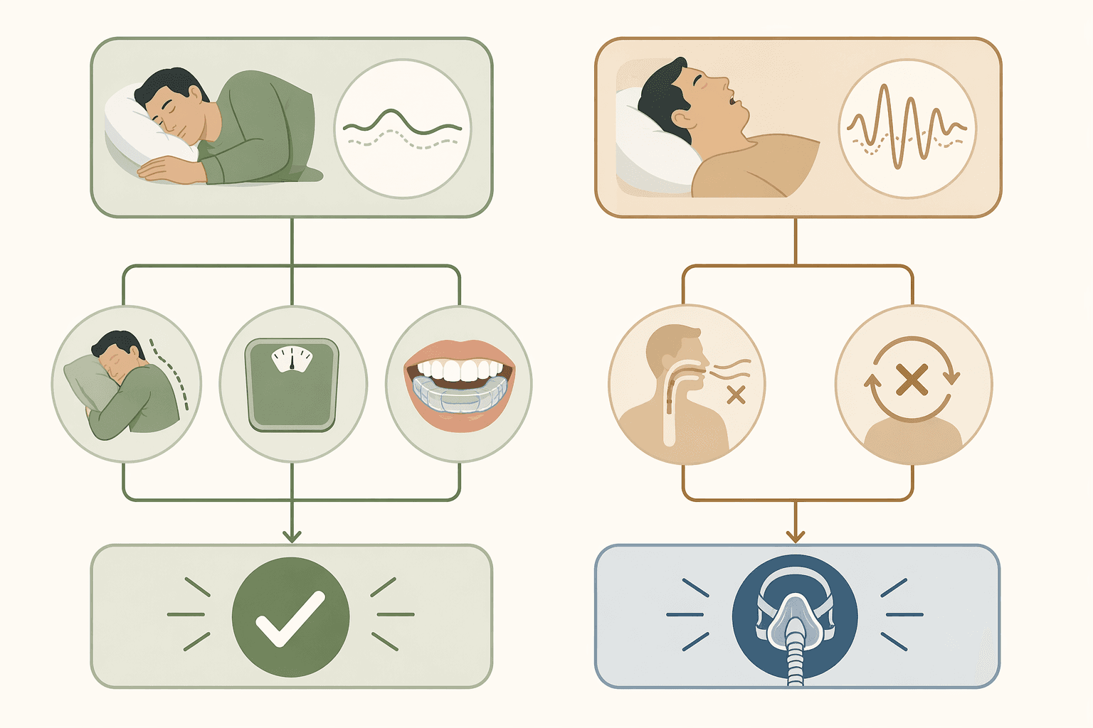 A decision framework illustration with two pathways: one side shows icons for positional therapy, weight loss, and oral therapy leading to a green checkmark; the other side shows icons for severe OSA and non-responsive cases leading to a blue medical icon representing continued CPAP need.