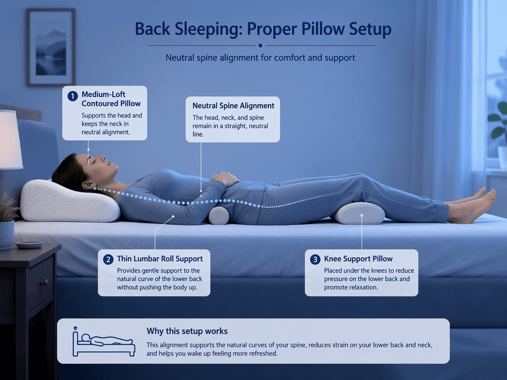 Instructional close-up side view of a bed showing a medium-loft contoured pillow under the head, a cylindrical pillow under the knees, and a thin lumbar support behind the lower back, with subtle guiding lines indicating the spinal neutral curve, soft blue lighting.