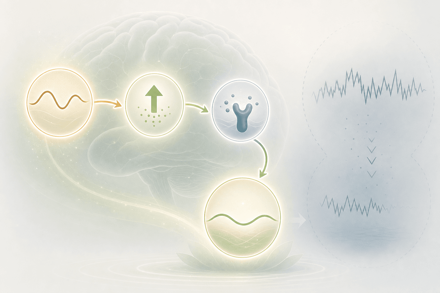 A minimal scientific illustration showing three nodes representing alpha-wave induction, GABA upregulation, and glutamate modulation connected by curved arrows toward a calm relaxation endpoint.