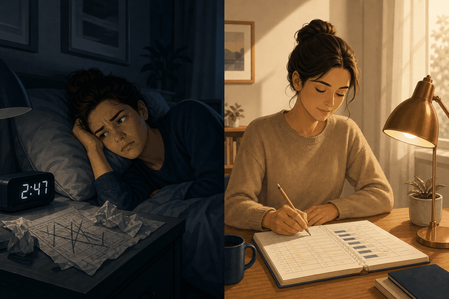 Split illustration: a person lying awake frustrated in bed at night on the left, and the same person calmly reviewing a structured sleep diary at a desk in warm daylight on the right.