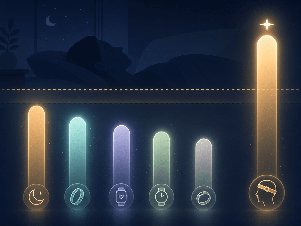 A flat vector illustration showing soft glowing vertical bar-like elements of varying heights representing sleep monitor accuracy scores, with a taller glowing element offset to one side representing EEG headband performance.