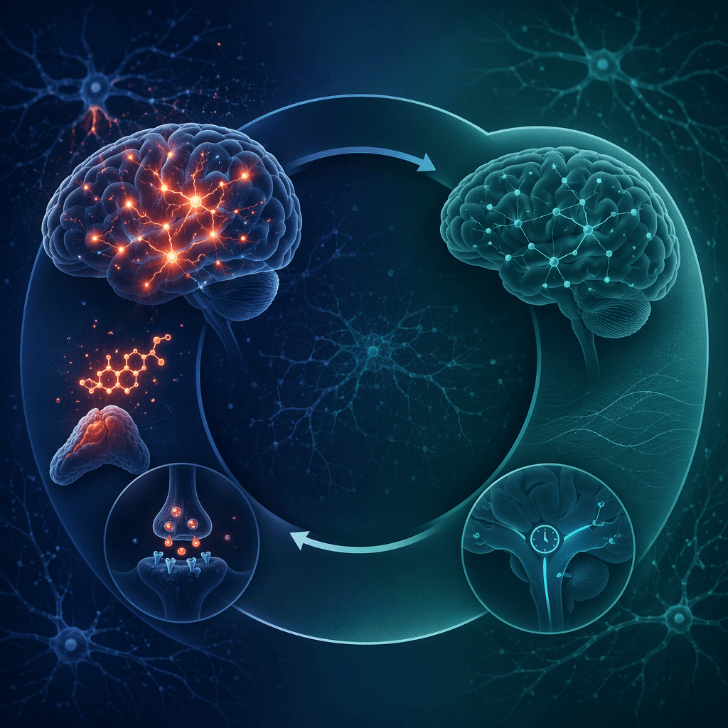 A circular diagram showing the anxiety-sleep loop: hyperarousal suppresses GABA activity, which disrupts sleep initiation, creating a negative feedback cycle.