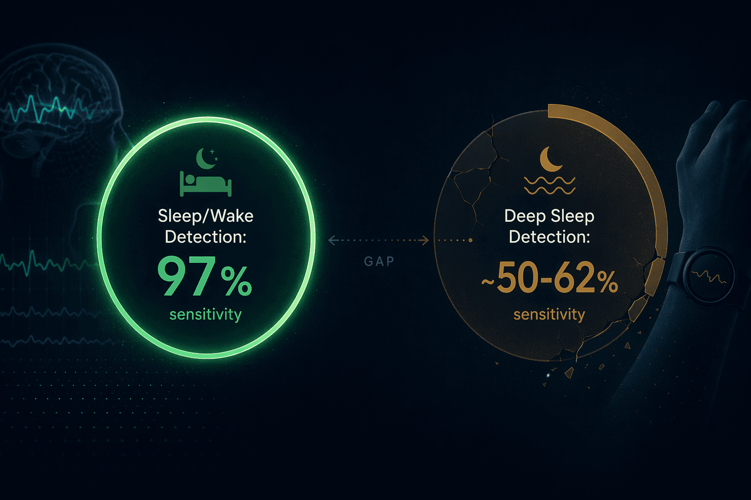 A dark navy blue editorial split comparison: a glowing green circular badge on the left reads 'Sleep/Wake Detection: 97% sensitivity' with a brain wave icon, while a muted amber partially fractured circular badge on the right reads 'Deep Sleep Detection: ~50-62% sensitivity' with a wrist-watch silhouette icon, connected by a subtle comparison arrow.