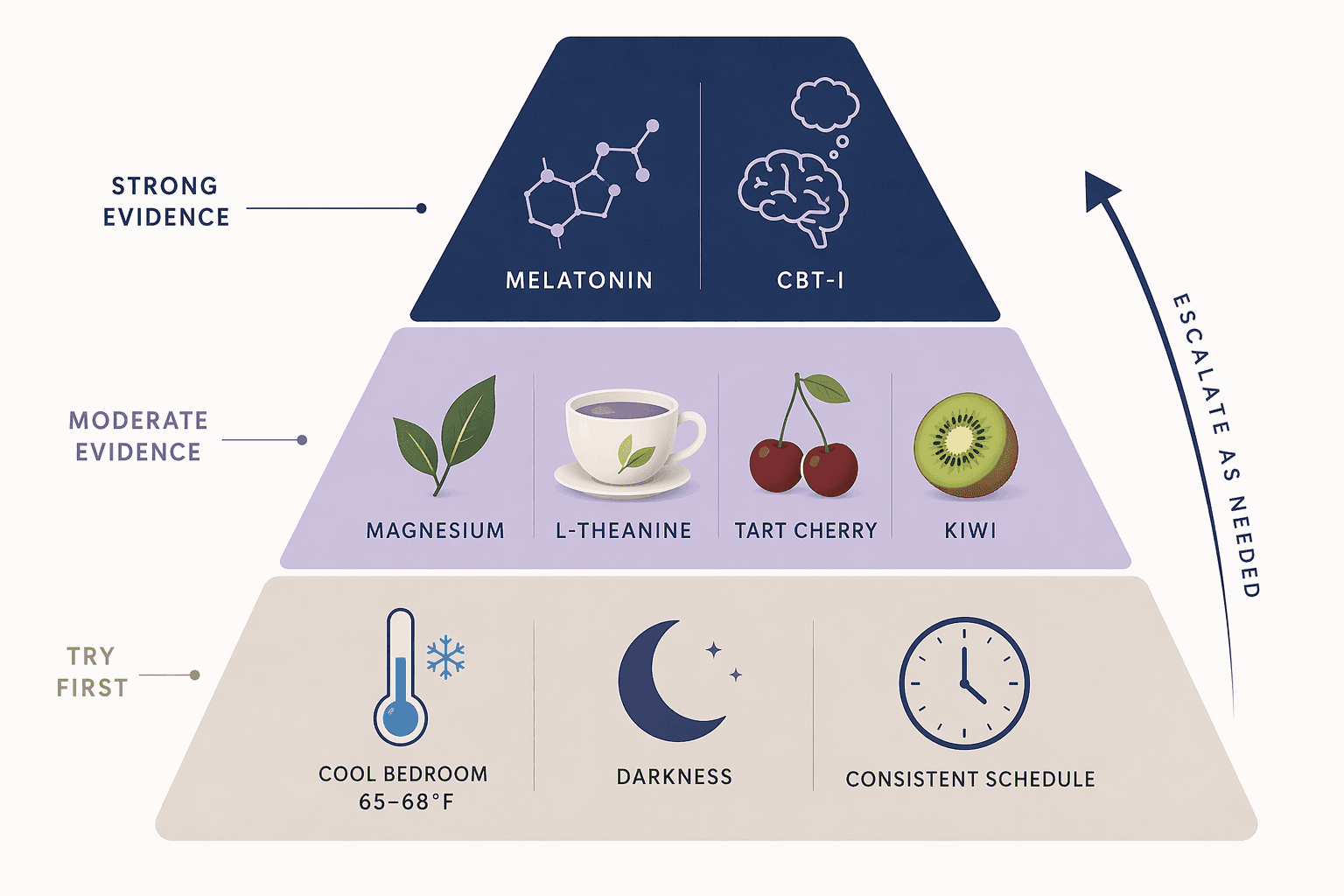 A tiered editorial illustration showing a three-level evidence pyramid for sleep interventions.