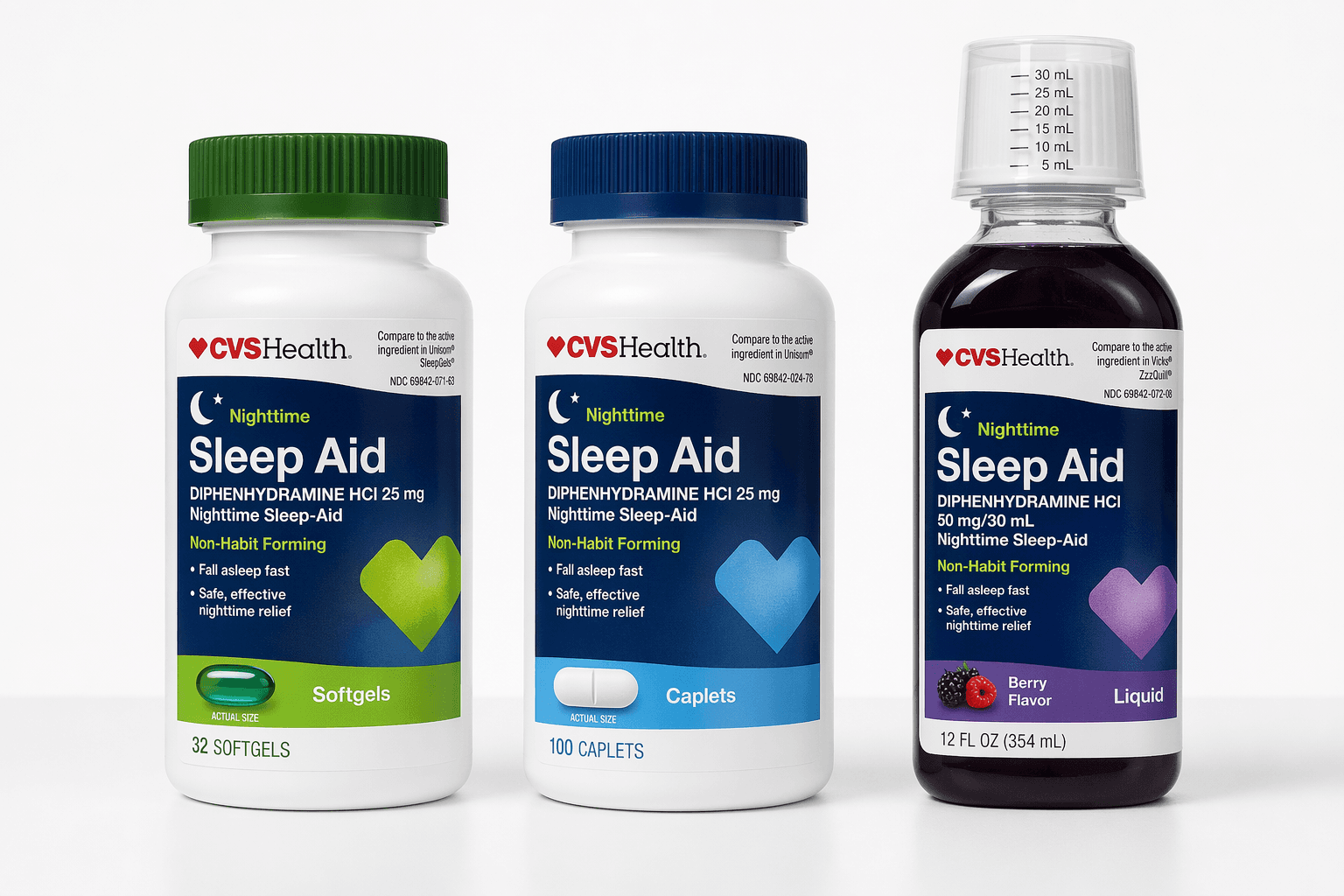 Three CVS Health nighttime sleep aid products arranged in a row: diphenhydramine HCl 25 mg softgels, diphenhydramine HCl 25 mg caplets, and a diphenhydramine 50 mg/30 mL liquid sleep aid bottle.