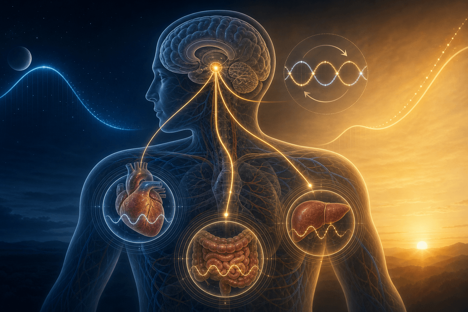 Editorial-scientific illustration showing the brain's SCN region as a glowing hub with signal pathways radiating to peripheral organ clocks in the liver, gut, and heart, against a blue-to-amber background representing the night-to-day transition.
