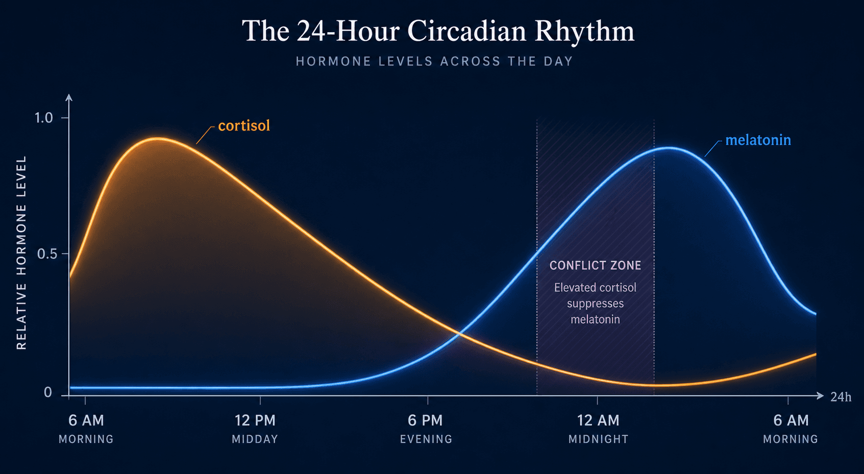 A circadian rhythm chart showing two opposing curves: an amber cortisol curve peaking in early morning and declining through the day, and a blue melatonin curve rising in the evening and peaking at night. A shaded conflict zone highlights where elevated nighttime cortisol suppresses melatonin.
