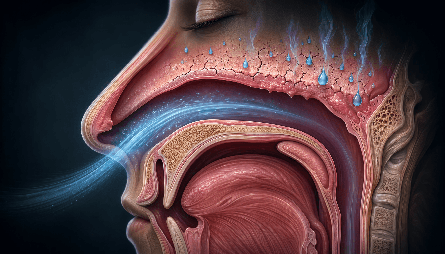 A cross-section editorial illustration of the human upper airway showing a cool blue airflow stream entering the nasal passage with evaporating water droplets rising from the mucosal surface, which appears subtly cracked and dried along the airflow path against a dark background.