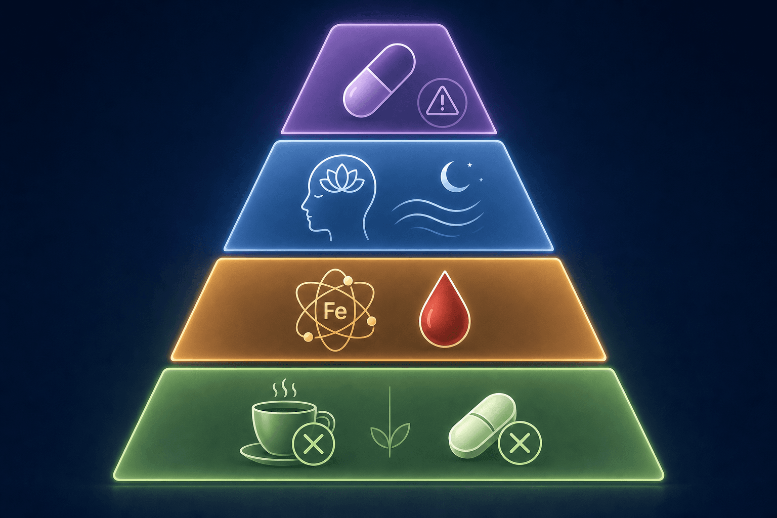 A four-tiered step-ladder diagram illustrating a clinical treatment hierarchy for RLS, from aggravator removal at the base through iron supplementation, behavioral therapy, and pharmacologic treatment at the top.