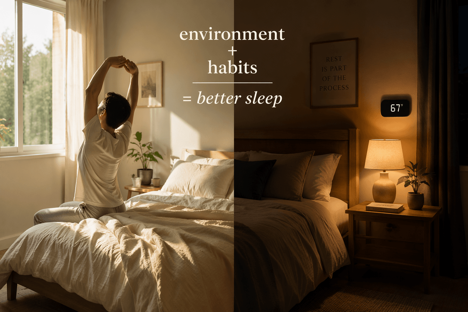 A split-view editorial photograph showing daytime habits on one side with morning sunlight and a person stretching, and evening wind-down on the other with dim lighting, a book, and a thermostat set to 67°F.
