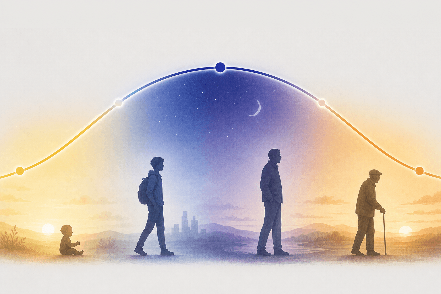 A curved arc flowing from warm golden tones on the left through cool blue-violet in the middle and back to amber-gold on the right, with silhouettes representing infant, teenager, adult, and older person beneath the arc.