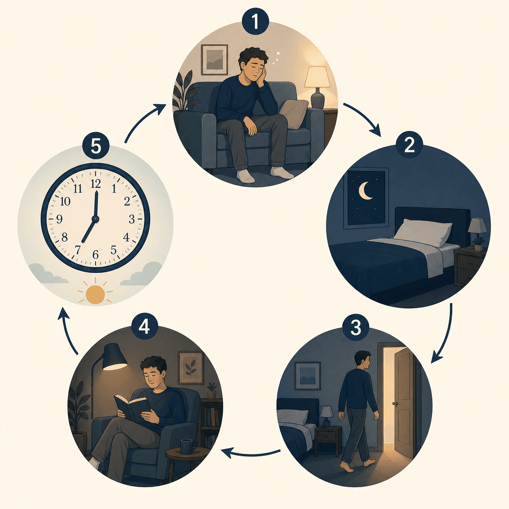 Icon-based circular flow diagram showing five numbered behavioral steps: a drowsy person on a couch, a bed with a moon symbol, a figure leaving the bed, a person reading in a dim armchair, and an analog clock with a sun indicating a fixed morning wake time.