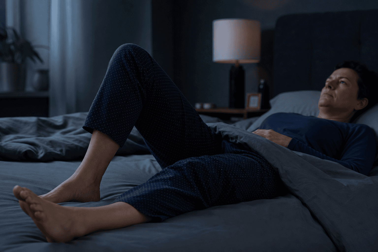 A person lying in a darkened bedroom at night, one leg slightly raised against the sheets, conveying quiet restlessness with cool blue-grey ambient light.