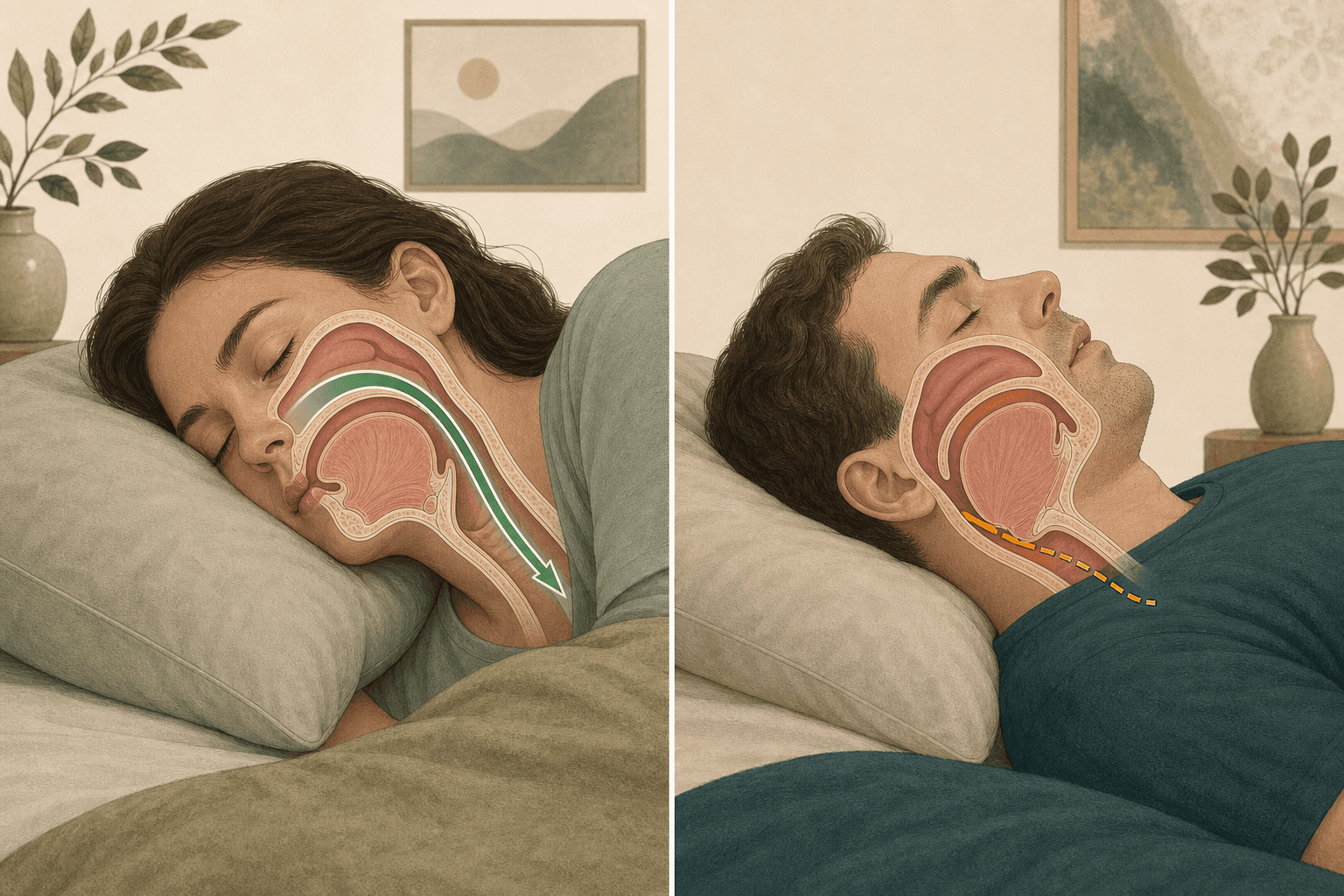 A split-view anatomical illustration showing a person sleeping on their side with a clear open airway in green and an unobstructed airflow arrow, contrasted with a person sleeping on their back showing a partially collapsed airway in orange with a broken airflow arrow.