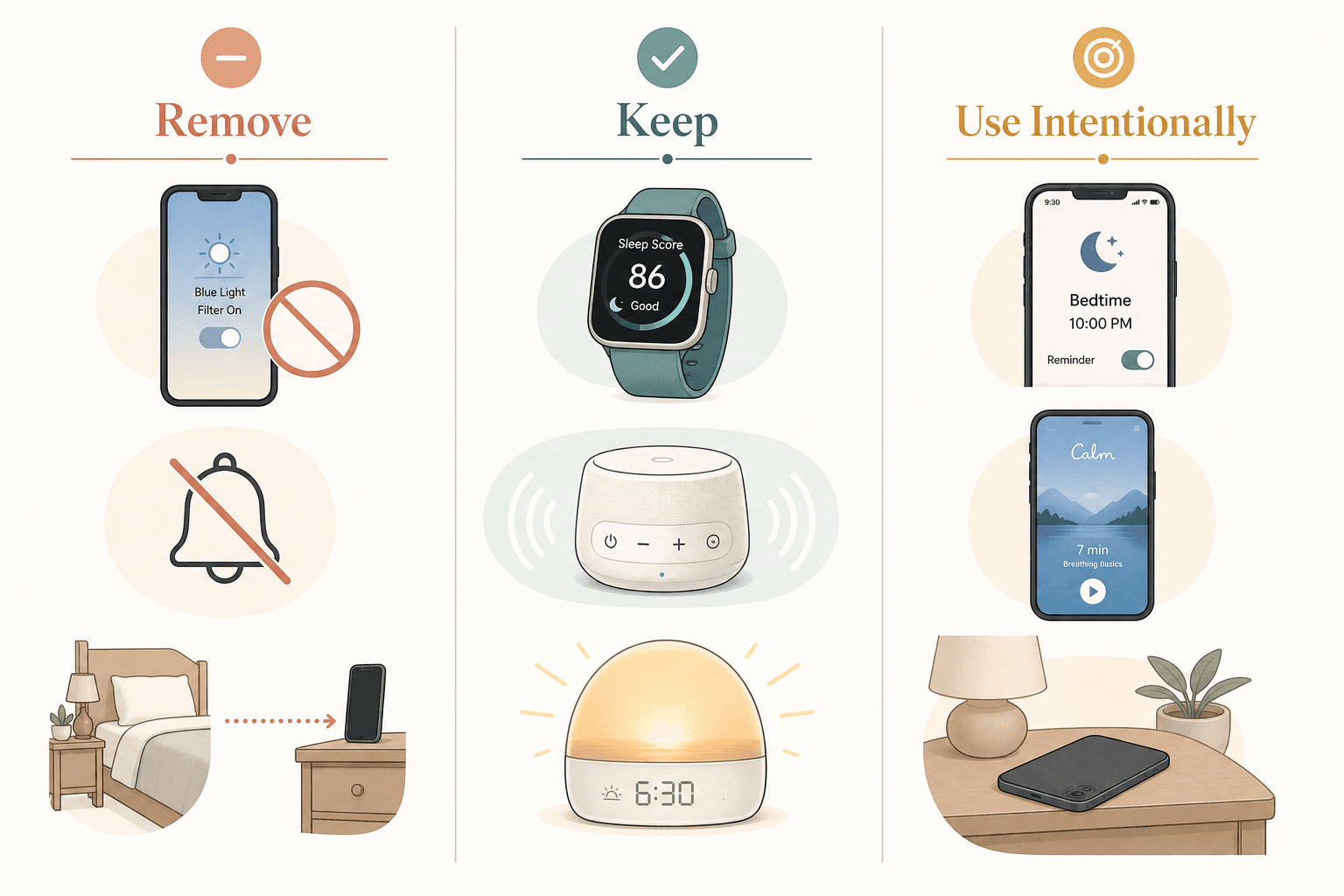 Clean editorial illustration with three columns titled Remove, Keep, and Use Intentionally: left column shows blue-light filter, notification-off, and phone-away icons; middle column shows sleep tracker, sound waves, and smart alarm icons; right column shows bedtime reminder, meditation app, and phone face-down icons in warm teal and amber palette.