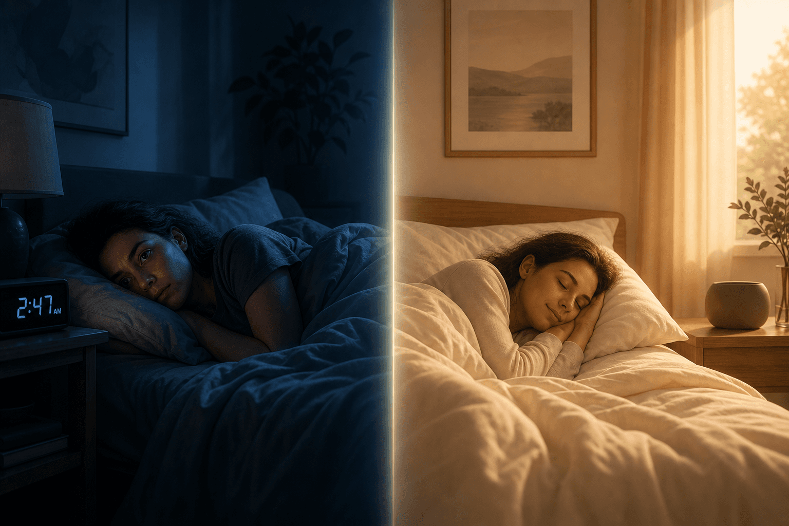 Split-panel illustration showing a person lying awake at 2:47 AM on the left and the same person sleeping soundly in warm morning light on the right, representing the before and after of CBT-I treatment.