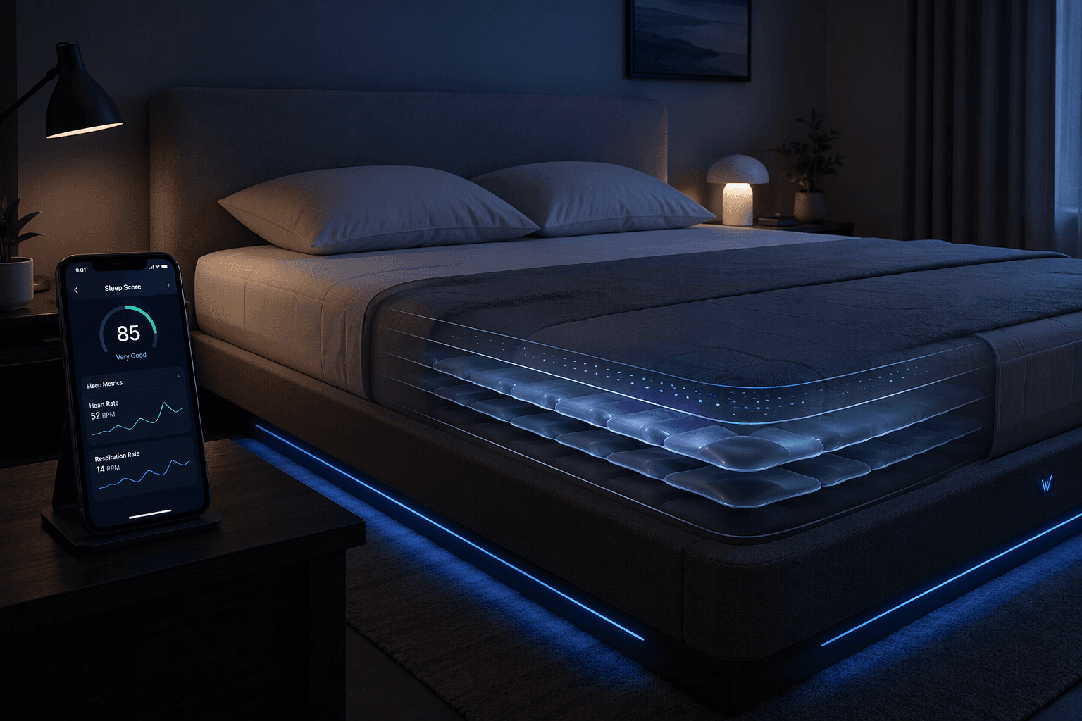 A dimly lit bedroom with a modern platform bed emitting subtle blue indicator lights beneath the frame, a smartphone on the nightstand displaying a sleep data dashboard with heart rate and respiration graphs, and a ghosted cross-section overlay revealing internal air chambers and sensors beneath the mattress surface.