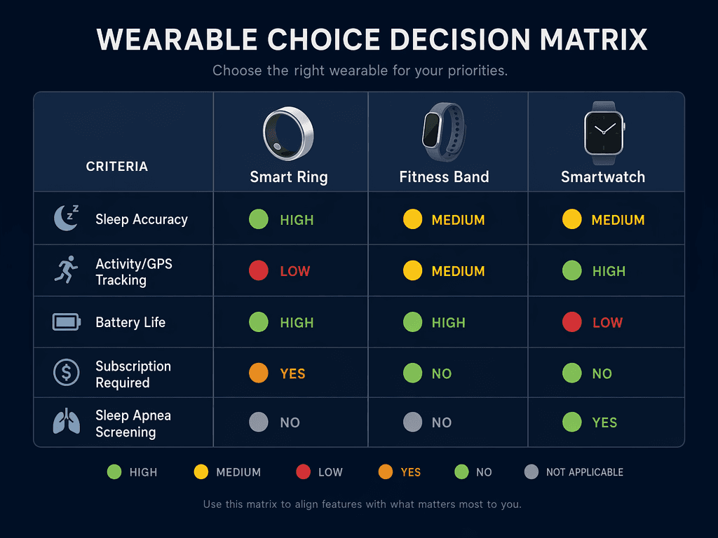 A decision matrix on a dark navy background with three columns (Smart Ring, Fitness Band, Smartwatch) and five decision criteria rows, each cell color-coded to show how each form factor performs.