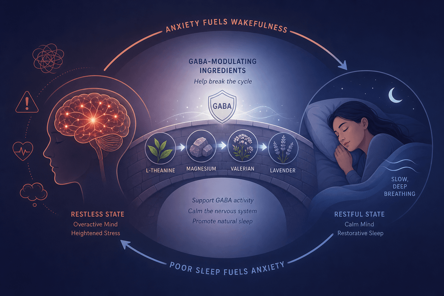 Circular editorial illustration showing the anxiety-sleep cycle: on the left, a brain silhouette with overactive warm-toned neural pathways representing GABA low state; on the right, a sleeping figure in cool blue tones; between them, labeled arrows depicting GABA-modulating ingredients breaking the cycle.