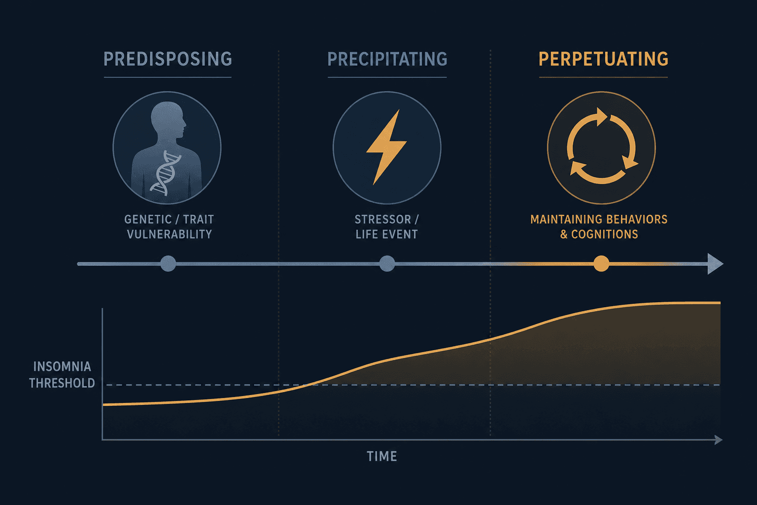 A minimalist diagram showing the three-stage 3P model of chronic insomnia: Predisposing, Precipitating, and Perpetuating factors connected by a timeline arrow, with a threshold line rising over time.