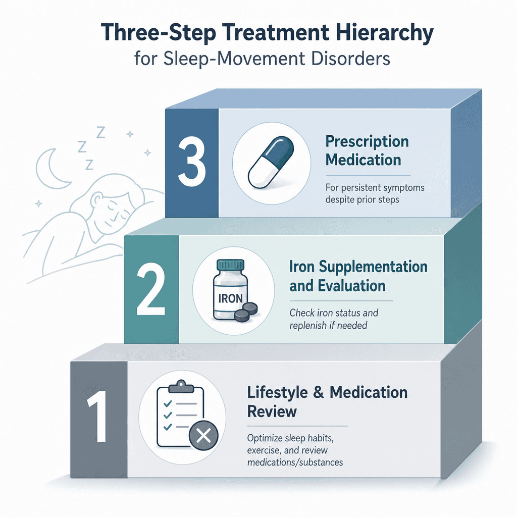 Three-step ascending staircase diagram in muted blue, teal, and grey tones representing the 2025 AASM RLS treatment hierarchy.