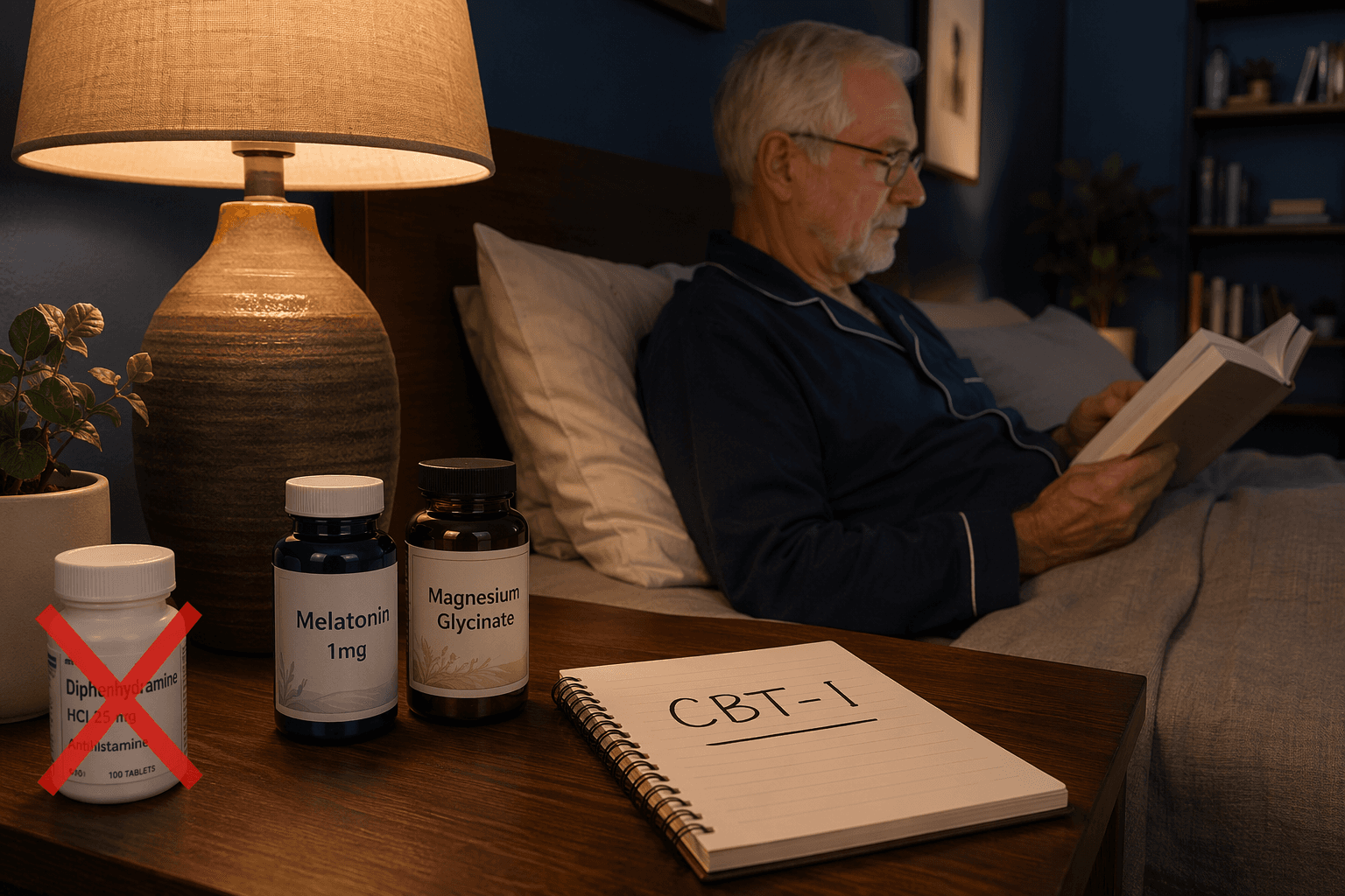 An older adult in comfortable sleepwear sits calmly in a softly-lit bedroom with deep blue walls and warm amber lamp light. On a wooden bedside table, two supplement bottles labeled 'Melatonin 1mg' and 'Magnesium Glycinate' sit beside an open notepad with 'CBT-I' handwritten on it. In the soft background, a bottle of diphenhydramine has a translucent red 'X' overlaid on it.