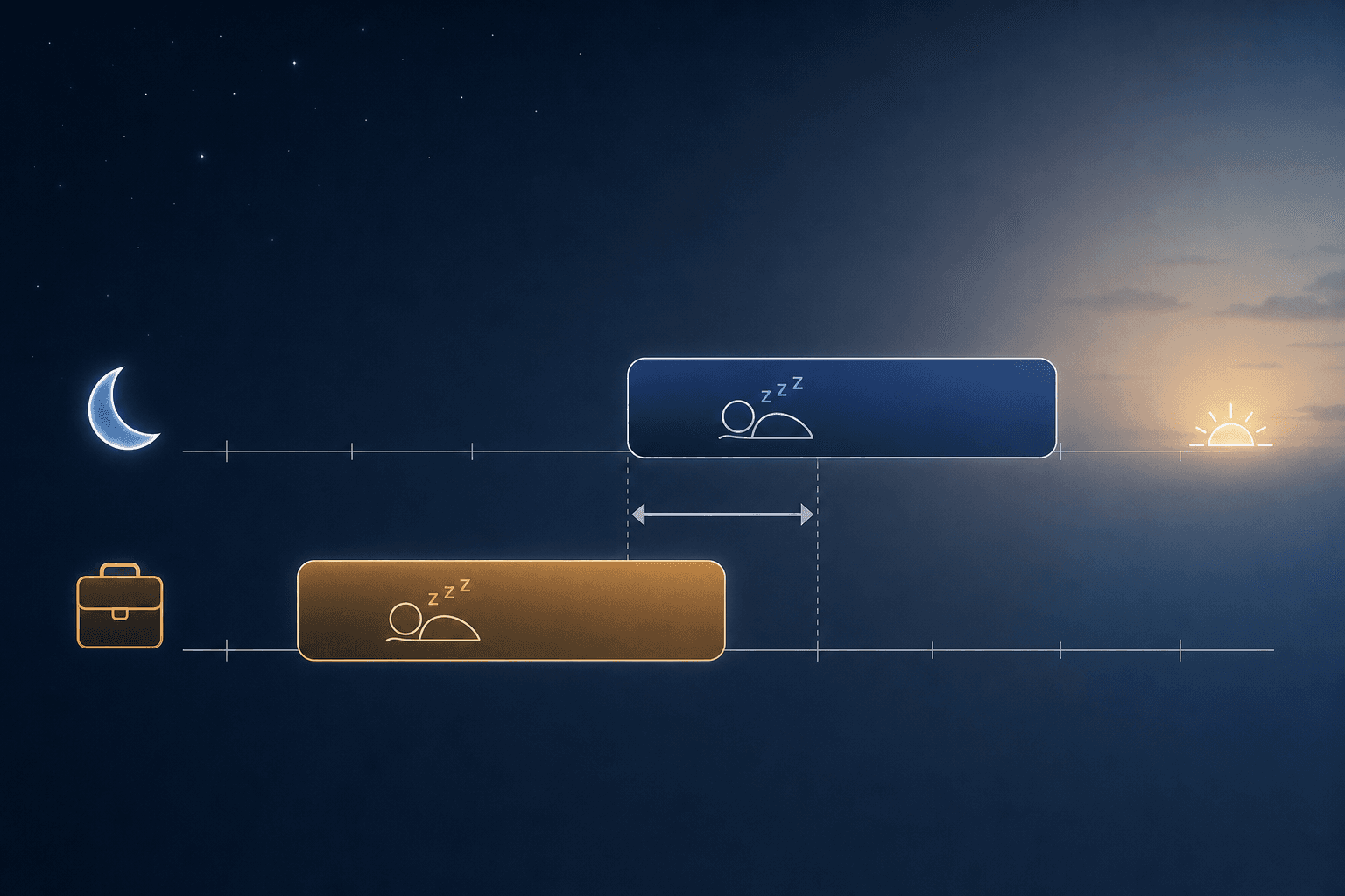 Two parallel horizontal sleep-window bars showing a later free-day sleep window in blue and an earlier work-day sleep window in amber, with a gap indicator between them representing social jetlag.